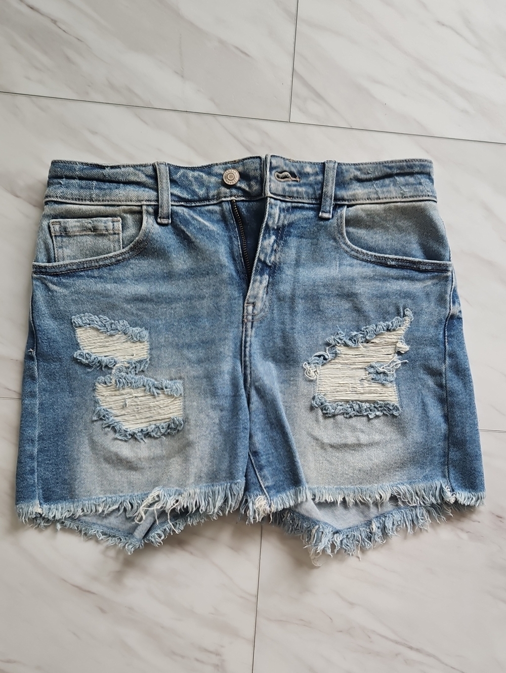 Zenana Outfitters Light Blue Distressed Denim Shorts